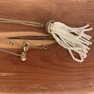 J Crew Long Tassel Necklace Gold Tone Rhinestone Faux Pearl 28” Art Deco Style